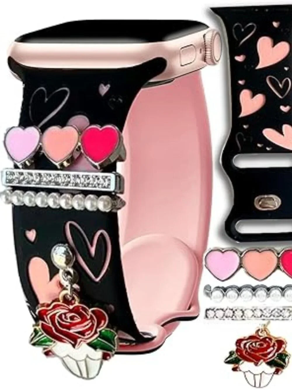 Black with Pink Heart Pink Band With Charms‎ Compatible Apple Watch
